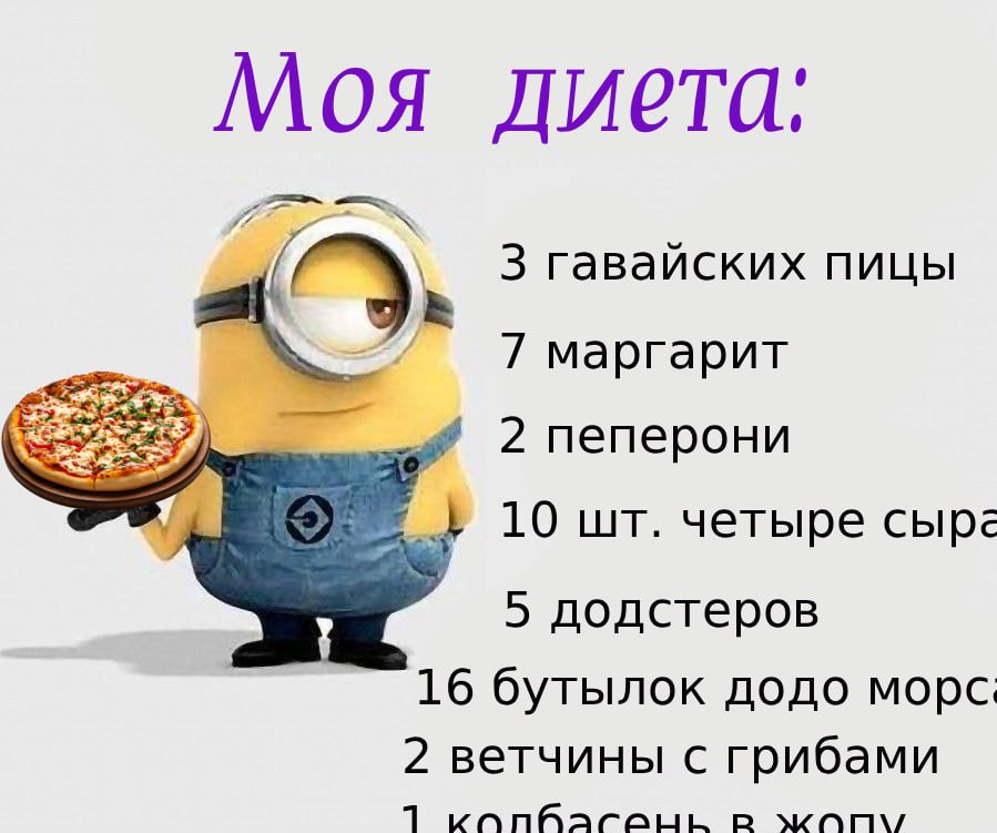 Моя диета: 3 гавайских пицы 7 маргарит 2 пеперони 10 четыре сыр 5 додстеров 16 бутылок додо морс 2 ветчины с грибами 1 wanv