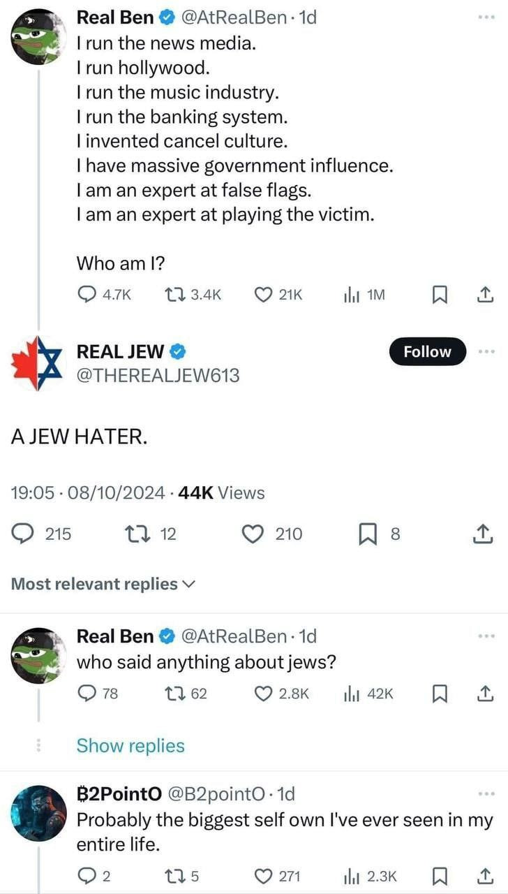 Real Ben news media. run hollywood. run the music industry. run the banking system. invented cancel culture. have massive government influence. expert at false flags. expert at playing the victim. Who