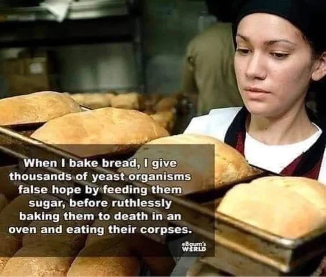 4 4 When I bake bread, give thousands of yeast organisms false hope feeding them sugar, before ruthlessly baking them to death in an oven and eating their corpses. WERLD