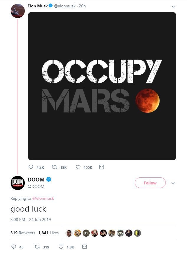 Elon Musk @elonn OCCU 27 18к 155К 319 Retw 1,841 45 319 1.8К [5
