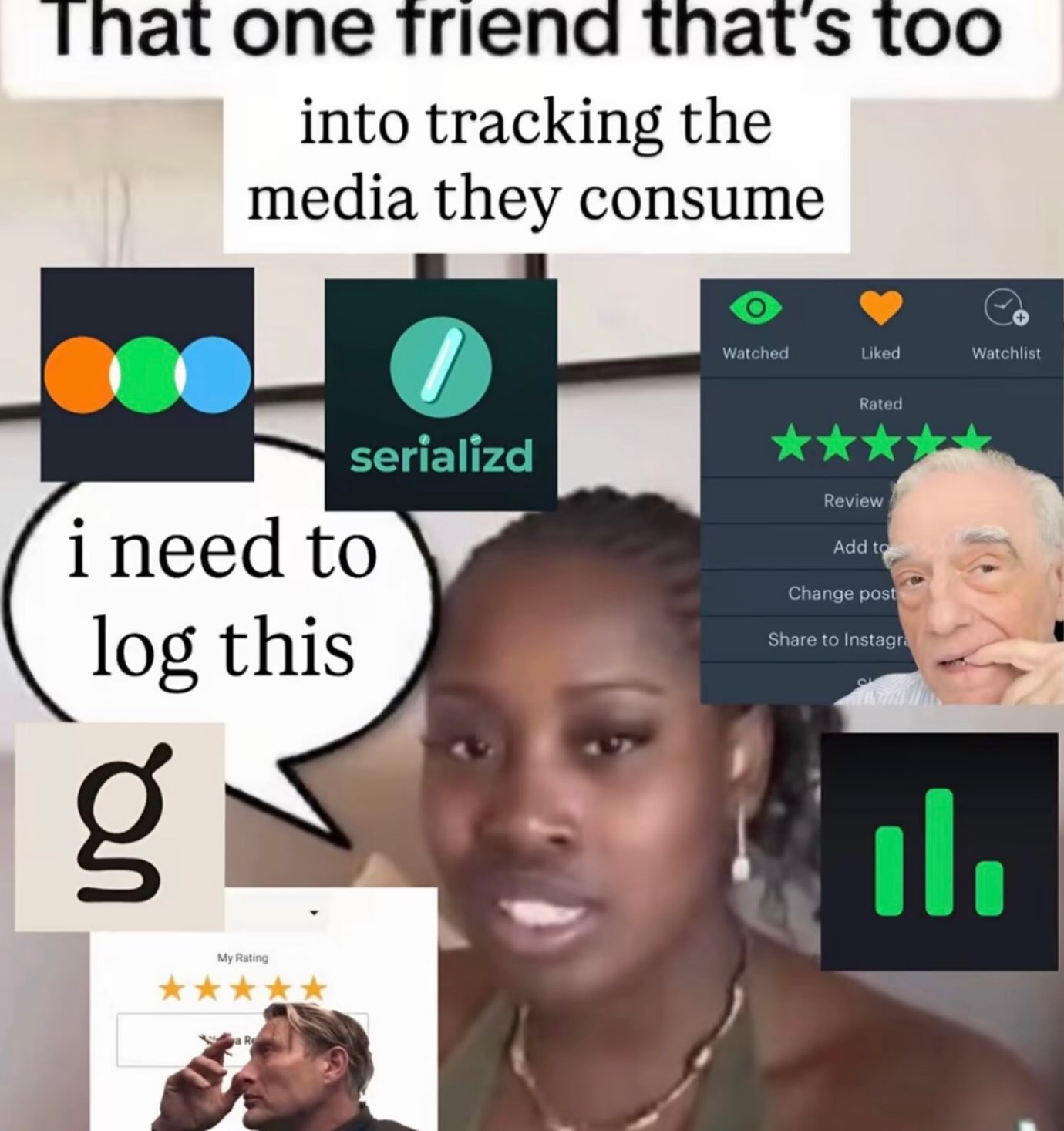 at one тпепа тпат too into tracking the media they consume Watched iked Watchlist serializd KKK tok ineed to log this 7