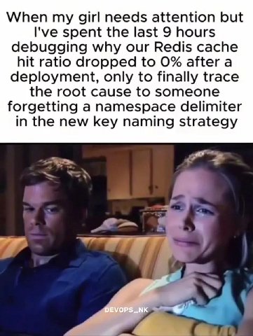 When girl needs attention but I've spent the last 9 hours debugging why our Redis cache hit ratio dropped to 0% after a deployment, only to finally trace the root cause to someone forgetting a namespa