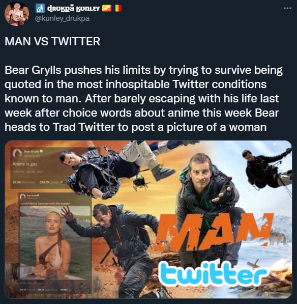 Я Чвокра MAN TWITTER Bear Grylls pushes his limits trying to survive being quoted in the most inhospitable Twitter conditions known to man. After barely escaping with his life last week after choice w