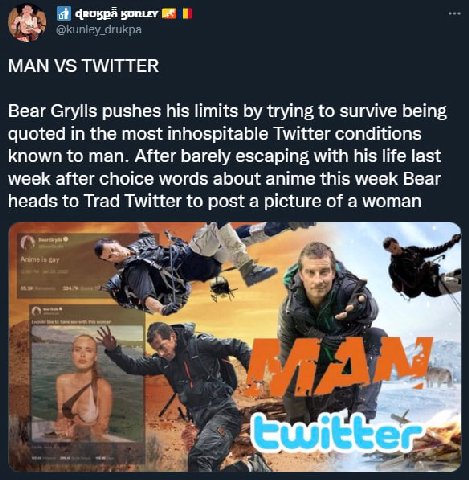 Я Чвокра MAN TWITTER Bear Grylls pushes his limits trying to survive being quoted in the most inhospitable Twitter conditions known to man. After barely escaping with his life last week after choice w