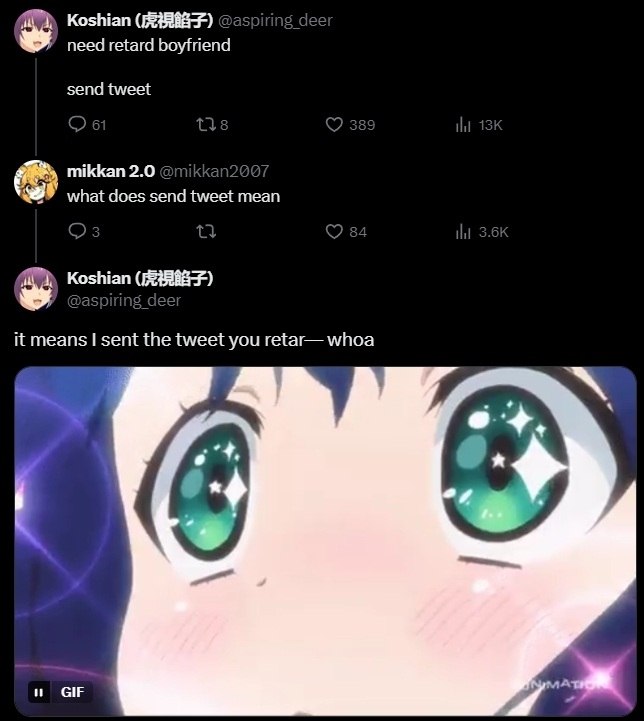 Koshian need retard boyfriend send tweet mikkan 2.0 2” what does send tweet mean у Koshian it means sent the tweet you retar— whoa и GIF
