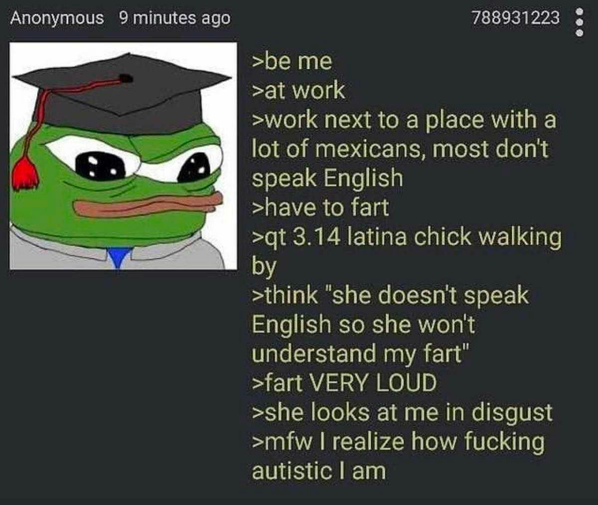 Anonymous 9 minutes ago 788931223 >be me >at work >work next to a place with a lot of mexicans, most don't speak English >have to fart 3.14 latina chick walking >think “she doesn't speak English so sh