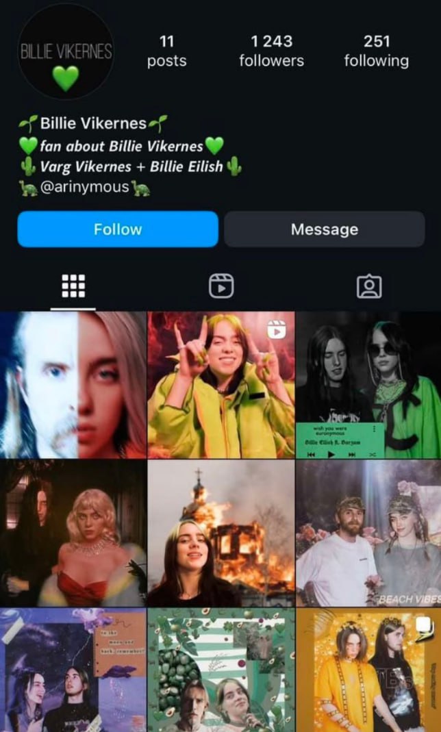 11 1243 251 posts followers following Billie Vikernes fan about Billie Varg Vikernes Billie Eilish @arinymous Follow Message een (2) aut у 6 7 8 у А, i