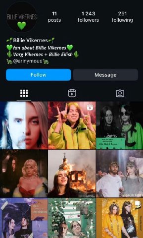 11 1243 251 posts followers following Billie Vikernes fan about Billie Varg Vikernes Billie Eilish @arinymous Follow Message een (2) aut у 6 7 8 у А, i