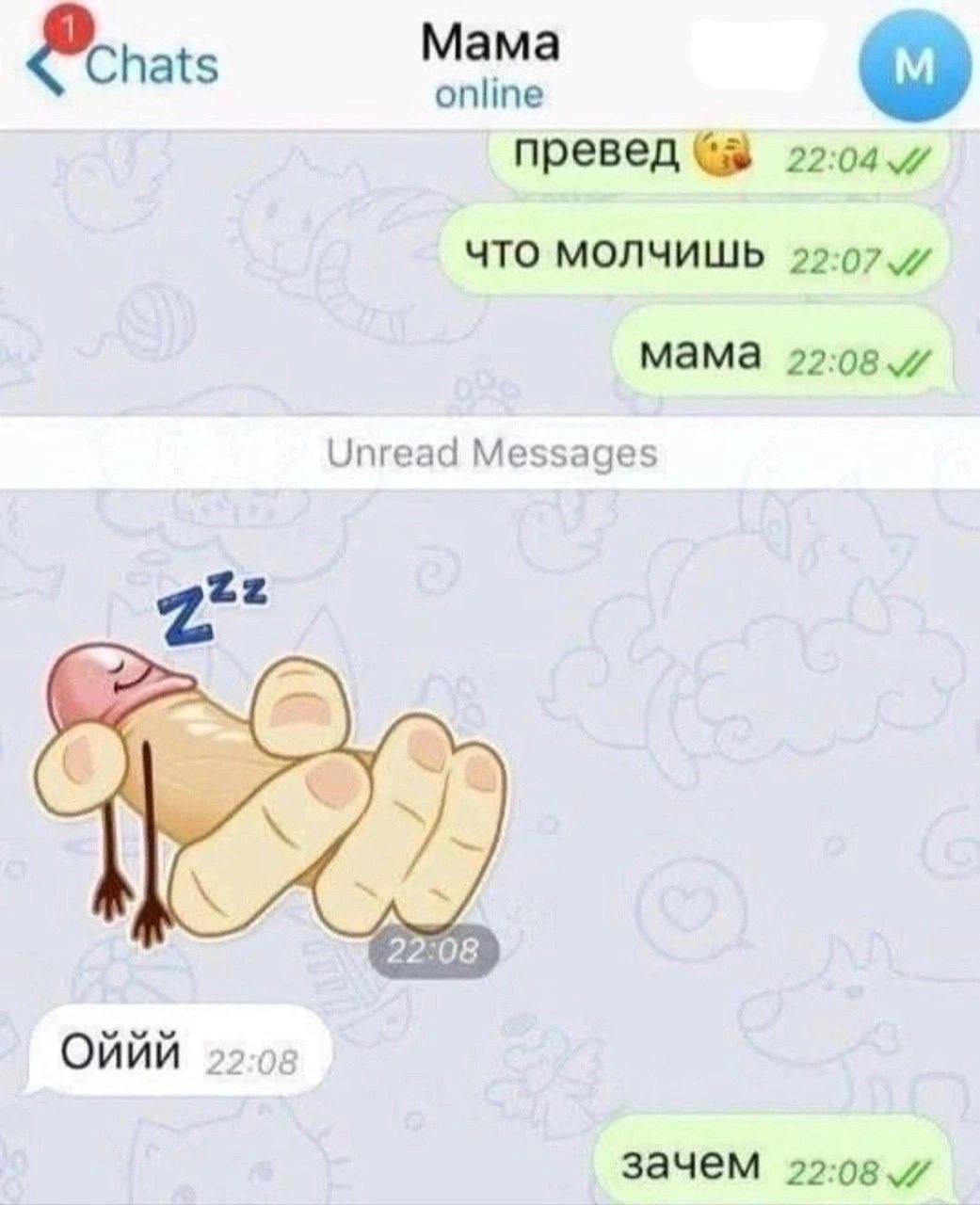 Мама Meats online превед ЧТО МОЛЧИШЬ 22:07. мама Unread Messages 22:08 Onnn 22:08 зачем
