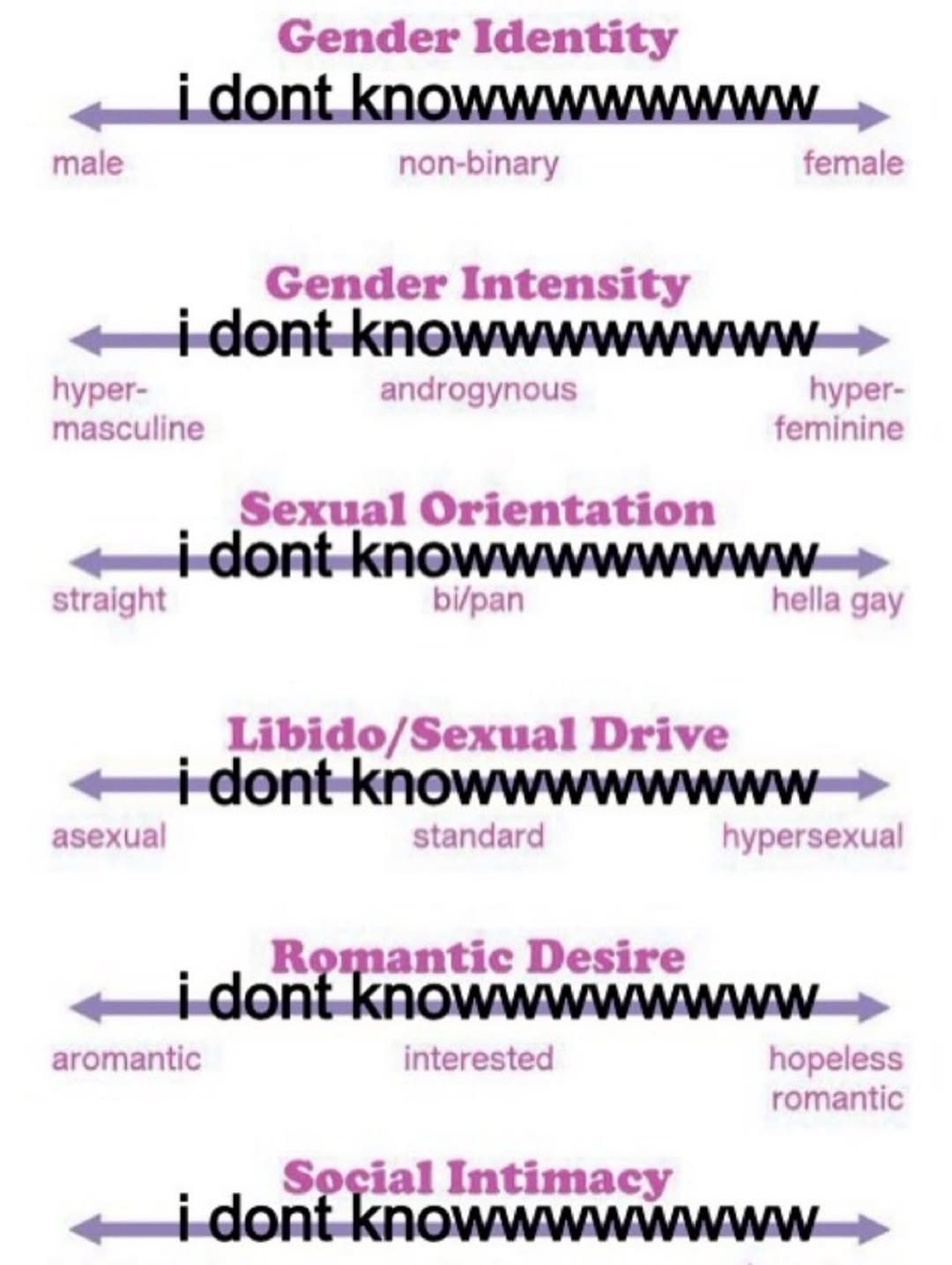 Gender Identity male non-binary female Gender Intensity hyper- androgynous hyper- masculine feminine Sexual Orientation straight bi/pan hella gay Libido/Sexual Drive asexual standard hypersexual Desir