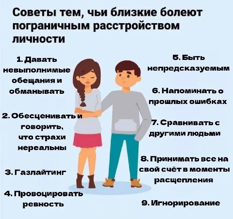 Советы тем, чьи близкие болеют пограничным расстройством личности 1. Давать 5.Быть невыполнимые обещания обманывать 6. Напоминать о прошлых ошибках 2.Обесцениватьи 7. Сравнивать с говорить, другими лю