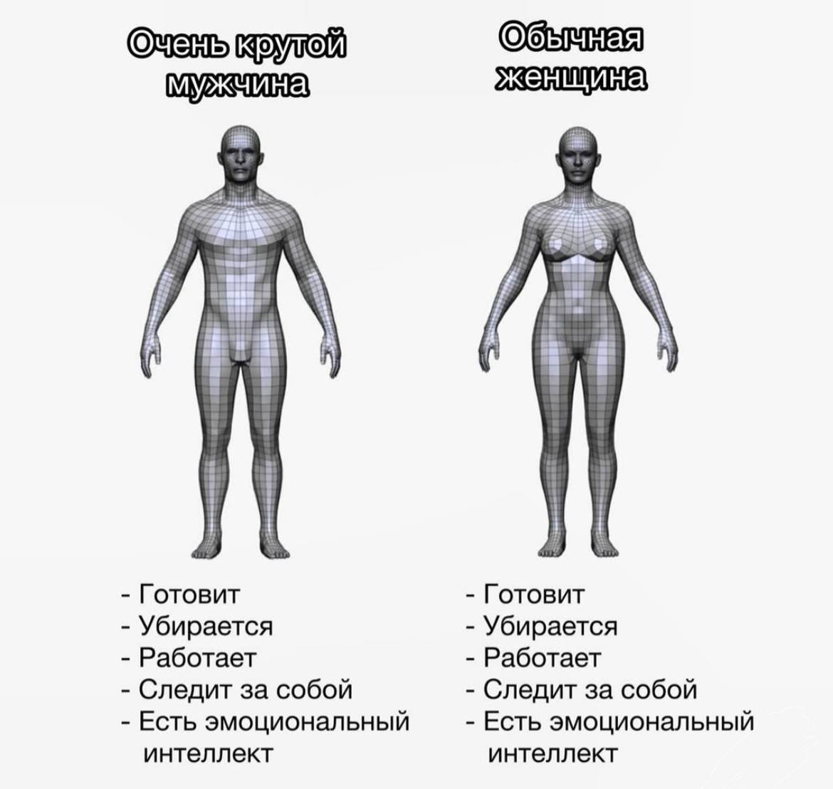 Очень i Готовит Готовит Убирается Убирается Работает Работает Следит за собой Следит за собой Есть эмоциональный Есть эмоциональный интеллект интеллект