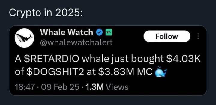 Crypto in 2025: Whale Watch @whalewatchalert A $RETARDIO whale just bought $4.03К of $DOGSHIT2 at 18:47 09 Feb 25 Views