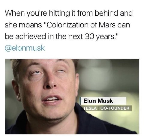 When you're hitting it from behind and she moans "Colonization of Mars can be achieved in the next 30 years @elonmusk Musk