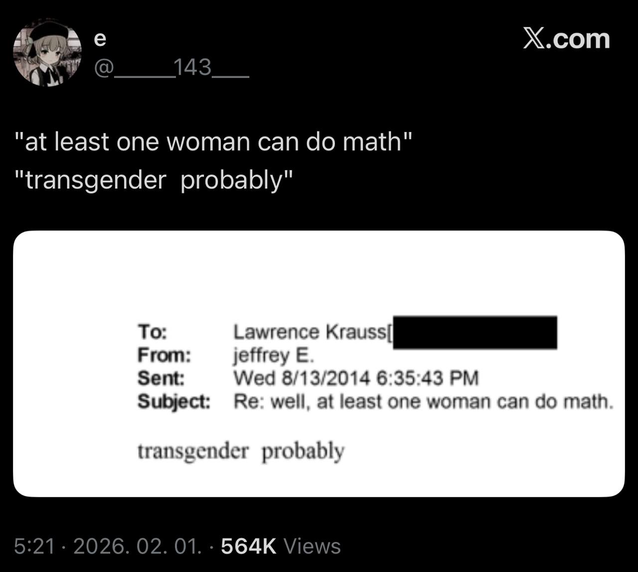 Sama Х.сот "at least one woman can math" "transgender probably" To: Lawrence From: jeffrey Sent: Wed 8/13/2014 6:35:43 Subject: well, at least one woman can math transgender probably 2026. 02. 01. Vie