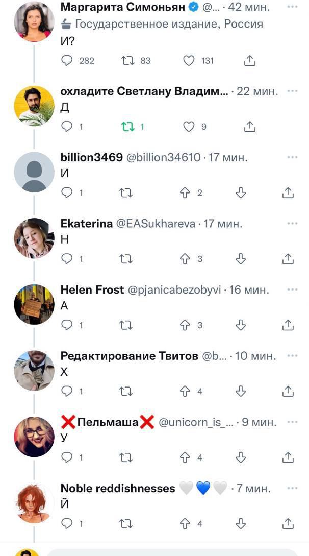 Маргарита Симоньян 42 мин. Государственное издание, Россия И? 282 83 131 охладите Светлану 22 мин. 1 billion3469 @billion34610 17 мин. 2% Ekaterina @EASukhareva: 17 мин. 3 Helen Frost @pjanicabezobyvi