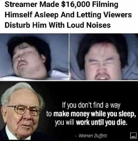 Streamer Made $16,000 Filming Himself Asleep And Letting Viewers Disturb Him With Loud Noises If you don't find а way to make money while you sleep, you will work until you die.