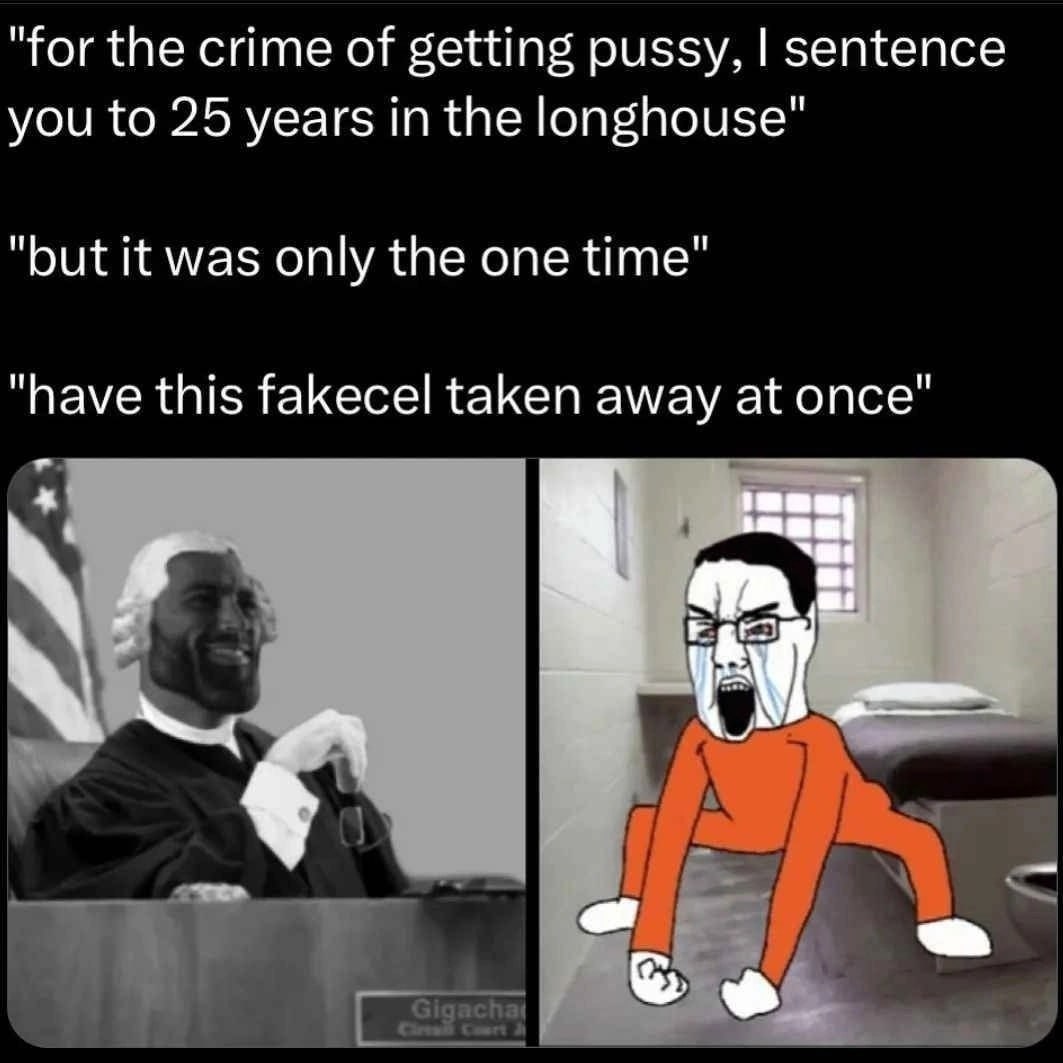"for the crime of getting pussy, sentence you to 25 years in the longhouse" "but it was only the one time" "have this fakecel taken away at once" у