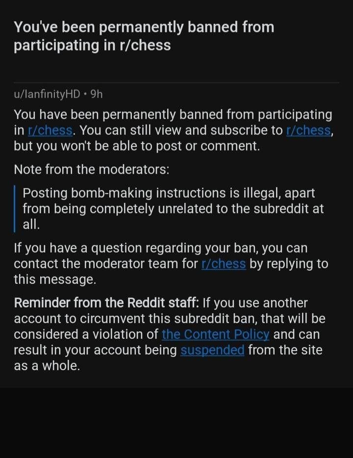 Youve been ermanently banned from participating 5 5 have been permanently from participating You сай still view and to but you won't be ble to post comment Note from the Posting bomb-making instructio