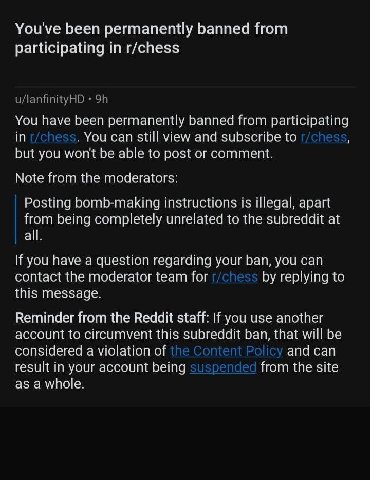 Youve been ermanently banned from participating 5 5 have been permanently from participating You сай still view and to but you won't be ble to post comment Note from the Posting bomb-making instructio