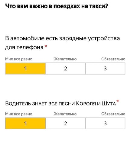 Что вам важно в поездках на такси? В автомобиле есть зарядные устройства для телефона* Мне все равно Желательно Обязательно 1 2 3 ВОДИТЕЛЬ ЗНАЕТ ВСЕ ПЕСНИ КОРОЛЯ И ШУТА* Мне все равно Желательно Обяза