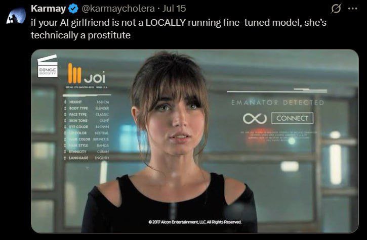 Кагтау @karmaycholera Jul 15 9. if your girlfriend is not a LOCALLY running fine-tuned model, she’s technically a prostitute (©2017 АКОП Entertainment, LLC Rights Reserved.