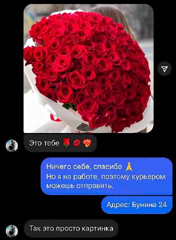 Это тебе Ничего себе, спасибо Но я на работе, поэтому курьером можешь отправить. Адрес: Бунина 24 Так это просто картинка