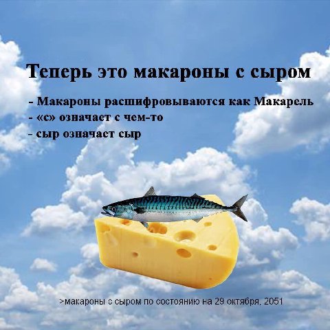 Теперь это макароны с сыром Макароны расшифровываются как Макарель «с» означает с чем-то сыр означает сыр >макароны с сыром по состоянию на 29 октября, 2051