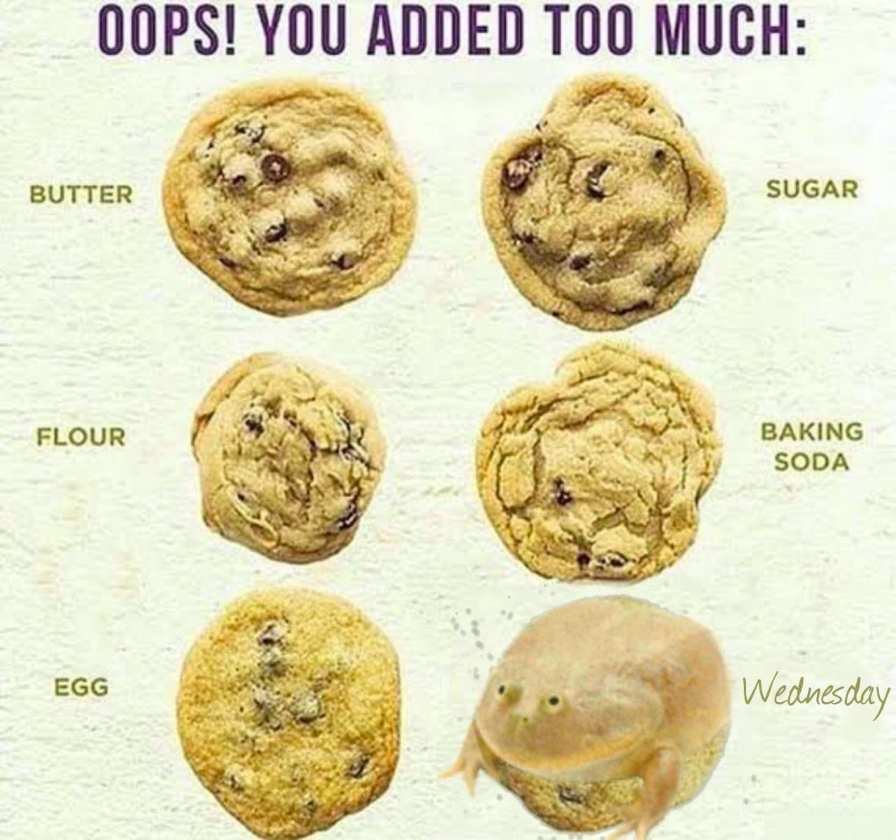 OOPS! YOU ADDED MUCH: 9+ BUTTER SUGAR 77 FLOUR а BAKING a SODA i EGG Wednesday a