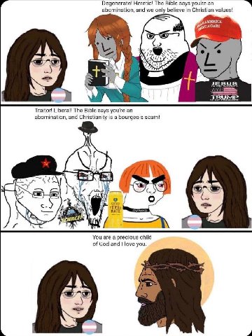 Degenerate! Heretic! The Bible says you're abomination, and we only believe in Christian values! A Jesus Traitor! Liberal! The Bible says you're an abomination, and Christianity is a bourgeois scam! о