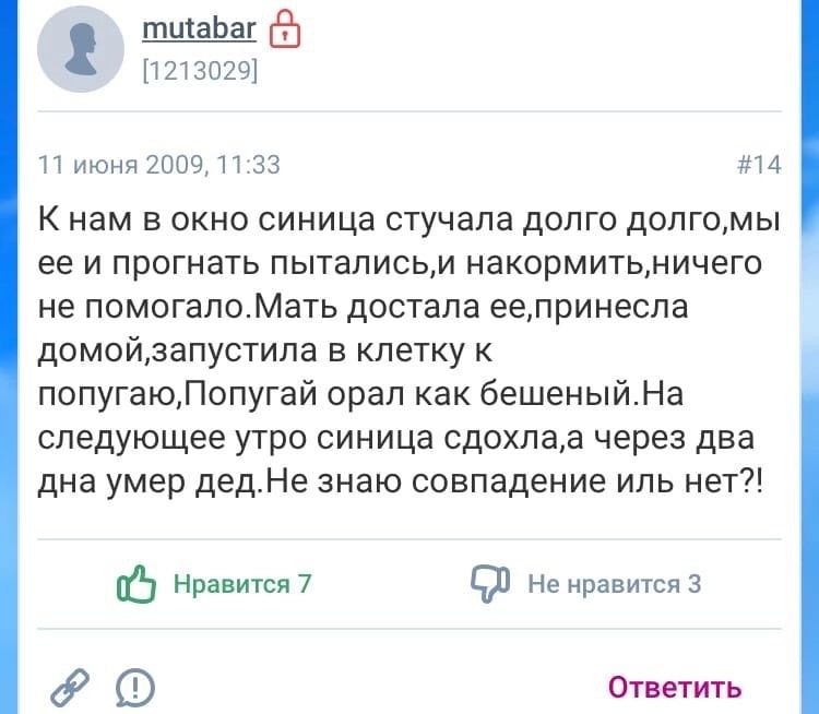 mutabar 2) [1213029] 11 июня 2009, 11:33 #14 К нам в окно синица стучала долго долго,мы ее и прогнать пытались‚и не помогало.Мать достала ее,принесла в клетку к попугаю,Попугай орал Kak бешеный.На сле