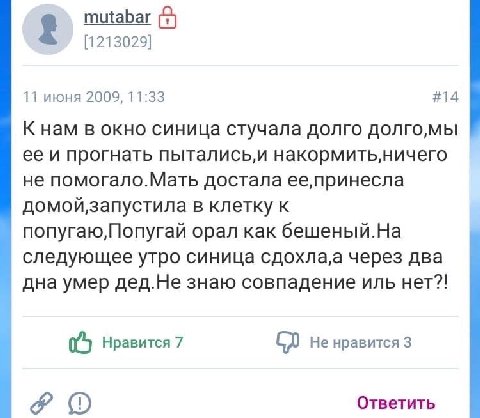 mutabar 2) [1213029] 11 июня 2009, 11:33 #14 К нам в окно синица стучала долго долго,мы ее и прогнать пытались‚и не помогало.Мать достала ее,принесла в клетку к попугаю,Попугай орал Kak бешеный.На сле