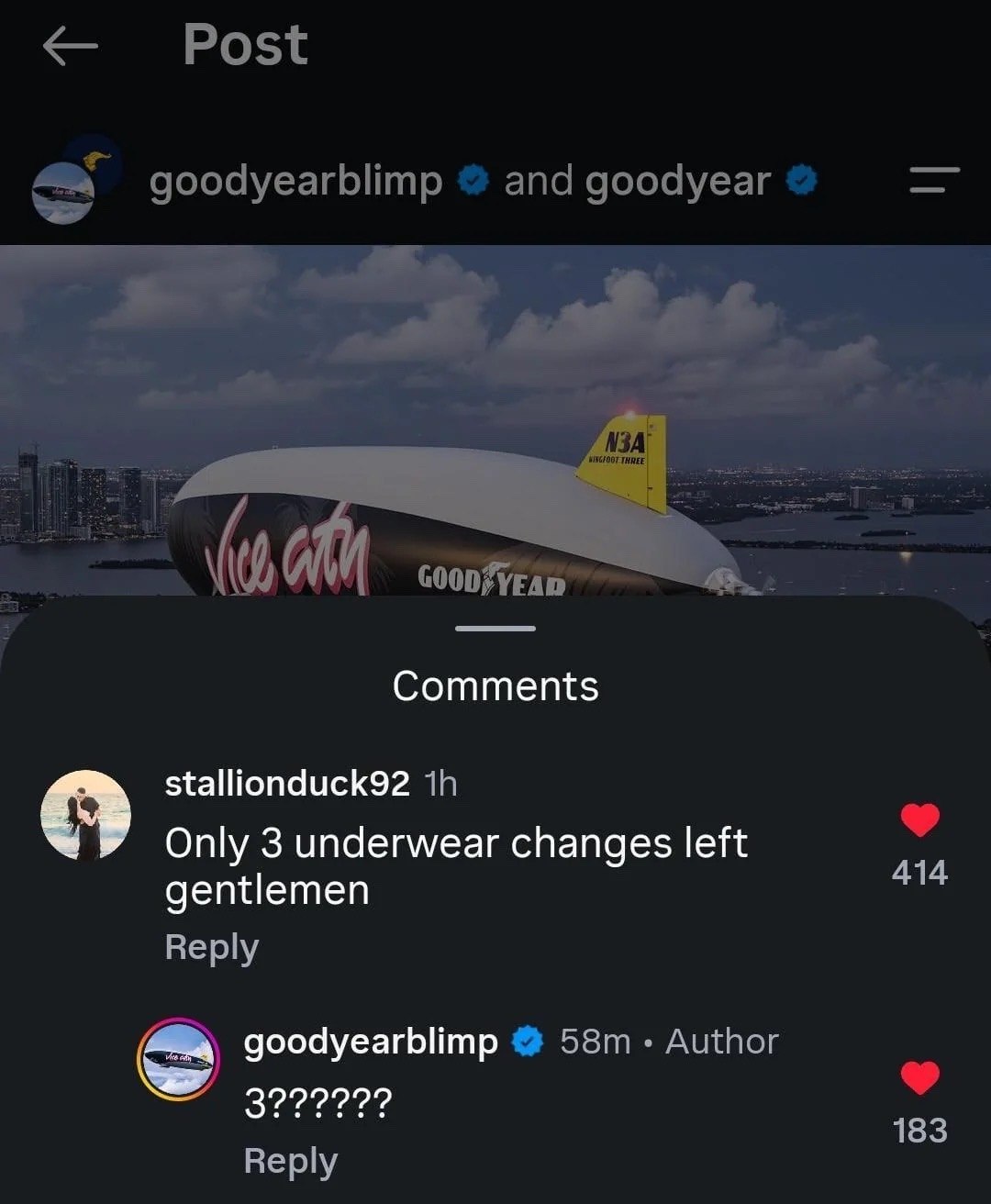 Post goodyearblimp and goodyear Comments stallionduck92 Only 3 underwear changes left 414 gentlemen Reply goodyearblimp Author 3222225 183 Веру