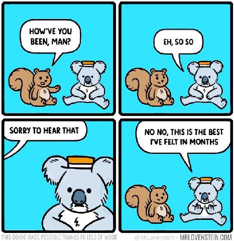 HOW'VE YOU BEEN, MAN? SORRY TO HEAR THAT NO NO, THIS IS THE BEST I'VE FELT IN MONTHS 4) 4 MRLOVENSTEIN.CO