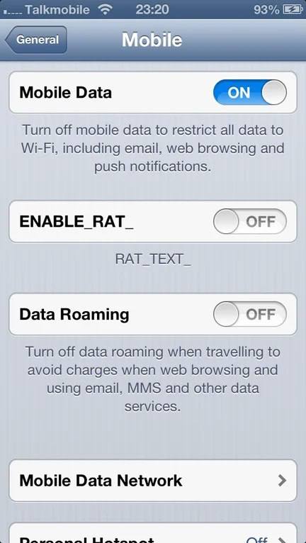Mobile Data Turn off mobile data to restrict all data to Wi-Fi, including email, web browsing and push notifications. ENABLE RAT_ OFF RAT_TEXT_ Data Roaming OFF Turn off data roaming when travelling t