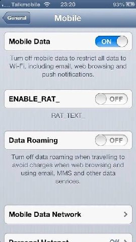 Mobile Data Turn off mobile data to restrict all data to Wi-Fi, including email, web browsing and push notifications. ENABLE RAT_ OFF RAT_TEXT_ Data Roaming OFF Turn off data roaming when travelling t