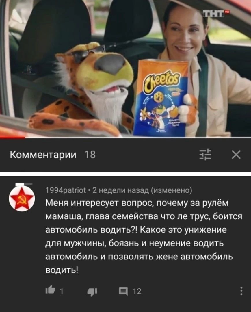 hed Комментарии 18 1994patriot 2 недели назад (изменено) Меня интересует вопрос, почему за рулём мамаша, глава семейства что трус, боится автомобиль водить?! Какое это унижение для мужчины, боязнь и н
