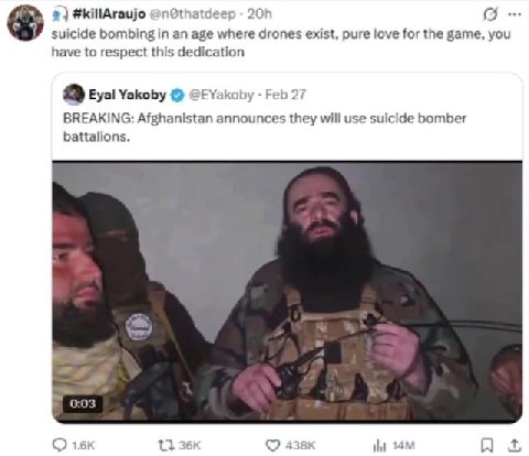 suicide bombing in an age where drones exist, pure love for the game, you have to respect this dedication @ Eyal Yakoby © @EYakoby - Feb 27 BREAKING: Afghanistan announces they will use suicide bomber