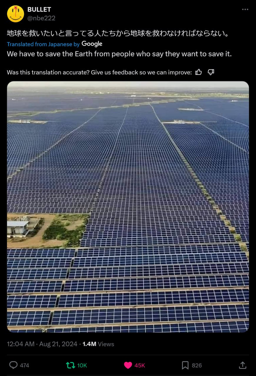 BULLET @nbe222 Translated from Japanese Google We have to save the Earth from people who say they want to save it. Was this translation accurate? Give feedback so we canimprove: SES AAW ЕЕ 12:04 Aug 2