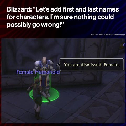 Blizzard: “Let’s add first and last names for characters. I’m sure nothing could possibly go wrong!” il ) 4 You are dismissed, Female. Female“Hulmanoid =