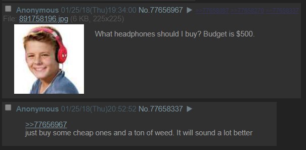 891758196 jpg What headphones should buy? Budget is $500. 4 No.77658337 >>77656967 just buy some cheap ones and a ton of weed. It will sound а lot better
