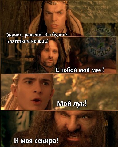 Значит, решено! Вы будете Братством кольца! С тобой мой меч! Мой лук! И моя секира!
