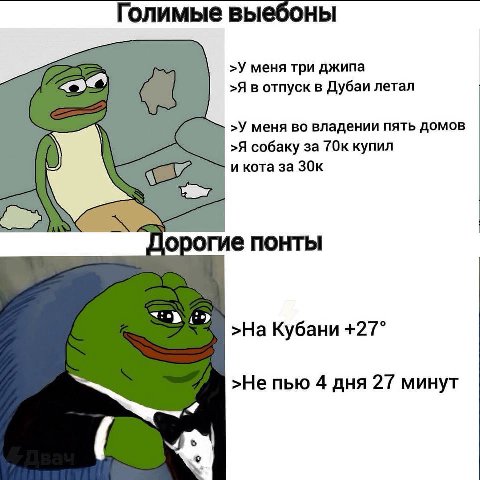 Голимые выебоны a >У меня три джипа >Я в отпуск в Дубаи летал >У меня во владении пять домов >Я собаку за 70к купил и кота за пПорогие понты >На Кубани +27° >Не пью 4 дня 27 минут 9