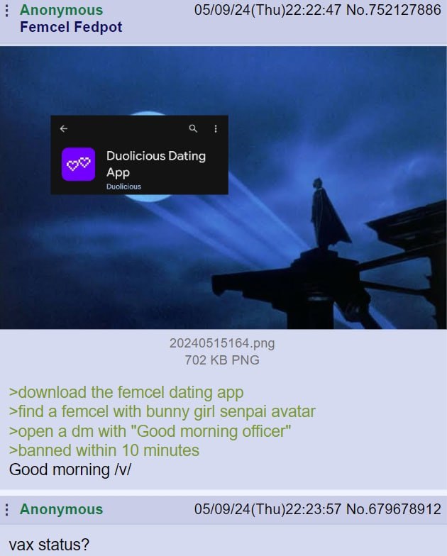 Anonymous 05/09/24(Thu)22:22:47 No.752127886 Femcel Fedpot а Duolicious Dating App Duolicious 20240515164.png 702 PNG >download the Тетсе! dating app >find a femcel with bunny girl senpai >open a with