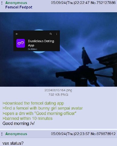 Anonymous 05/09/24(Thu)22:22:47 No.752127886 Femcel Fedpot а Duolicious Dating App Duolicious 20240515164.png 702 PNG >download the Тетсе! dating app >find a femcel with bunny girl senpai >open a with