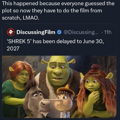 This happened because everyone guessed the plot so now they have to the film from scratch, LMAO. DiscussingFilm @Discussing... “SHREK 5’ has been delayed to June 30,