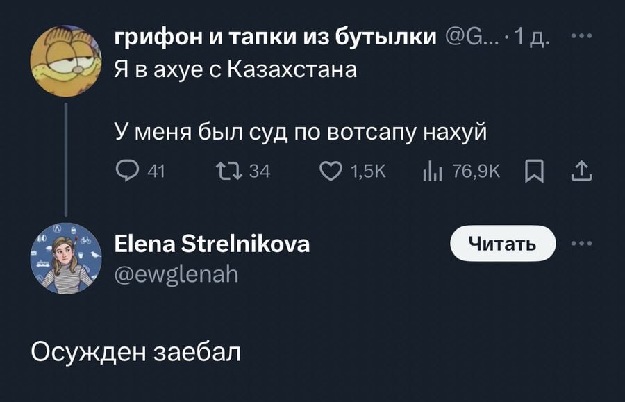 грифон и тапки из бутылки Я в ахуе с Казахстана У меня был суд по вотсапу нахуй Elena Strelnikova Осужден заебал