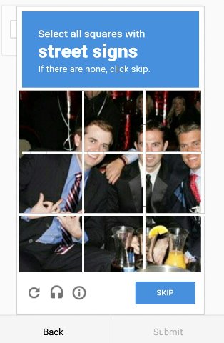 Select all squares with street signs If there are none, click skip. 4 Back