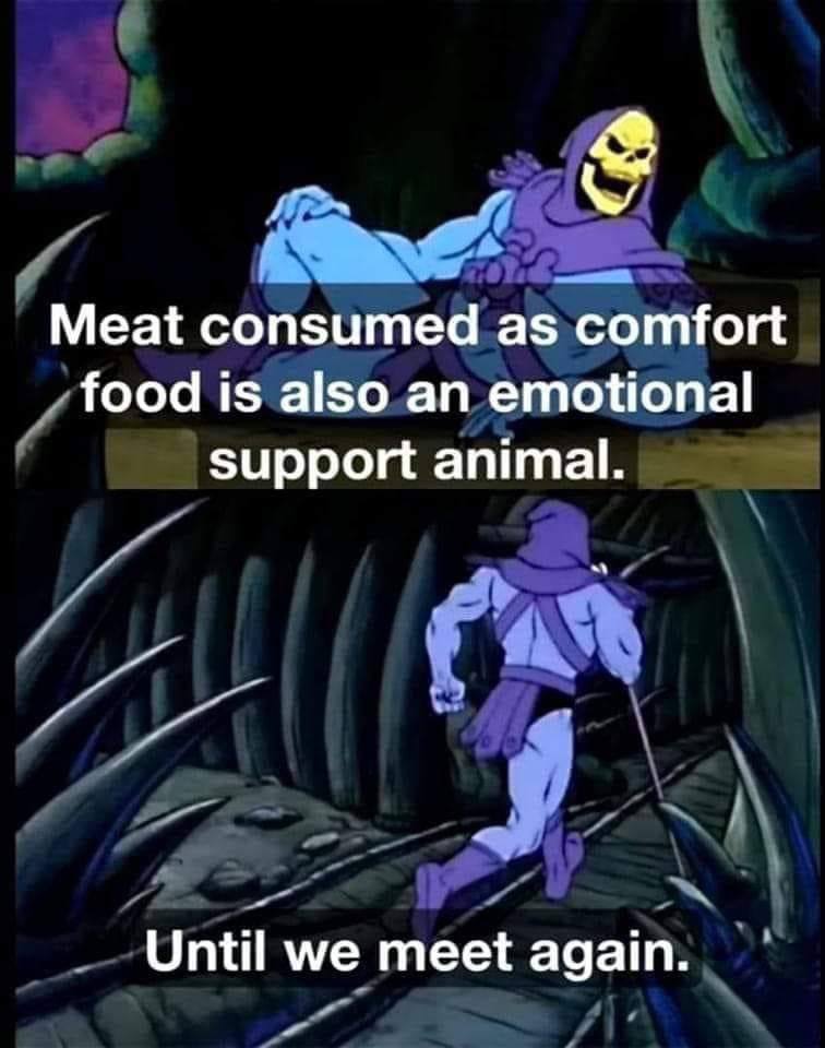 Meat consumed as comfort food is emotional и support animal. Fie Until we meet адат.