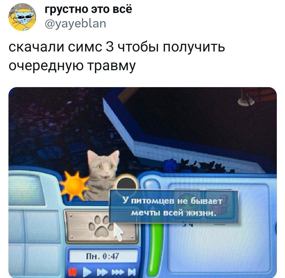 грустно это всё @yayeblan скачали симс 3 чтобы получить очередную травму a А У питомцев не бывает мечты всей жизни. i 1